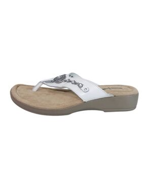 Minnetonka Sandals Women's 9 Wqhite Leather Thong Silver Accent Wedge Shoes